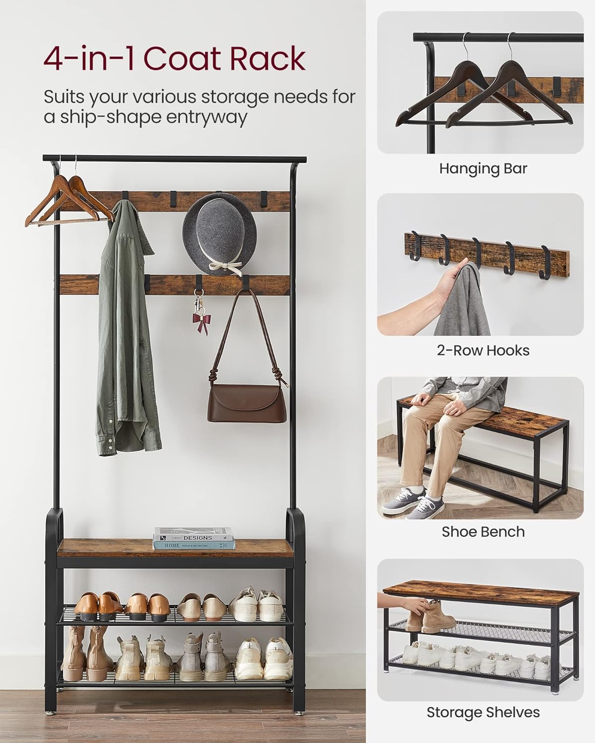 4-in-1 Coat Rack with Shoe Bench and 9 Removable Hooks Rustic Brown and Black HSR400B01V1