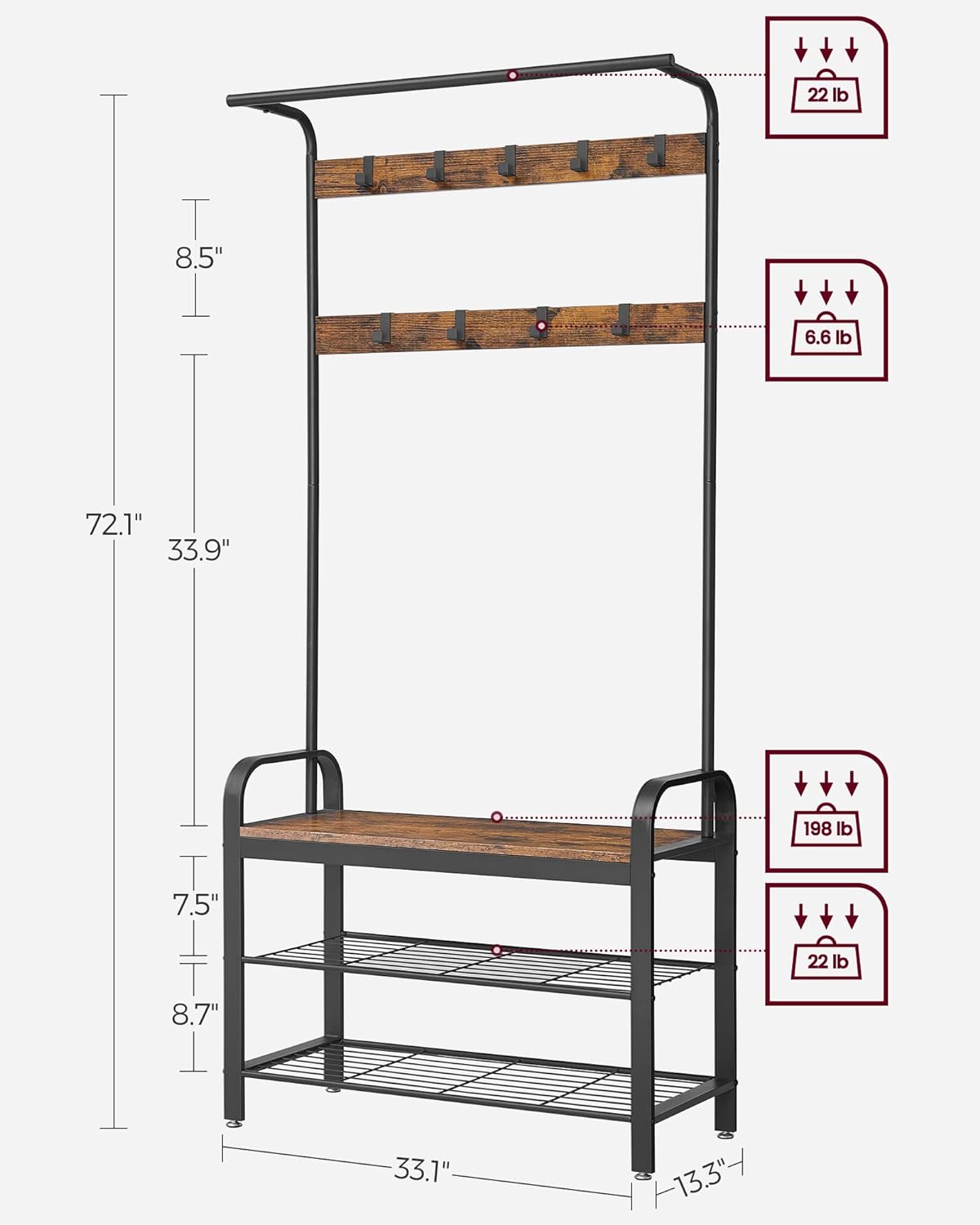 4-in-1 Coat Rack with Shoe Bench and 9 Removable Hooks Rustic Brown and Black HSR400B01V1