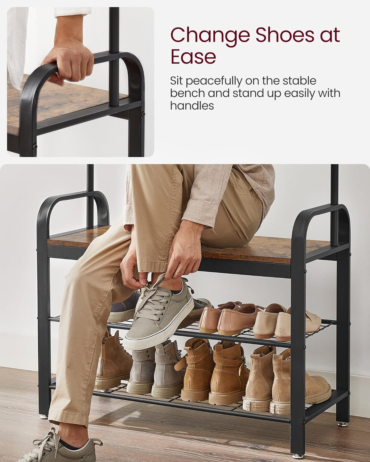 4-in-1 Coat Rack with Shoe Bench and 9 Removable Hooks Rustic Brown and Black HSR400B01V1