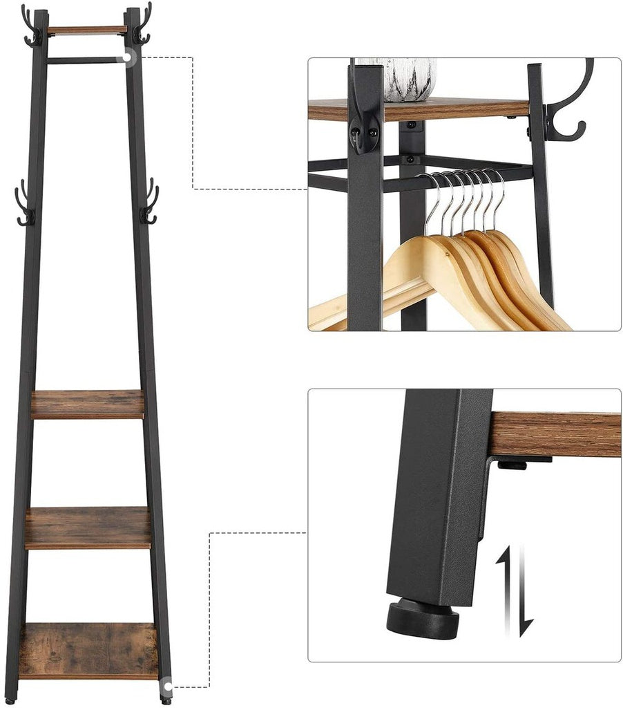 Coat Rack Stand with 3 Shelves Rustic Brown and Black LCR80X