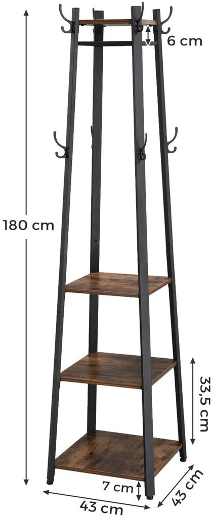Coat Rack Stand with 3 Shelves Rustic Brown and Black LCR80X