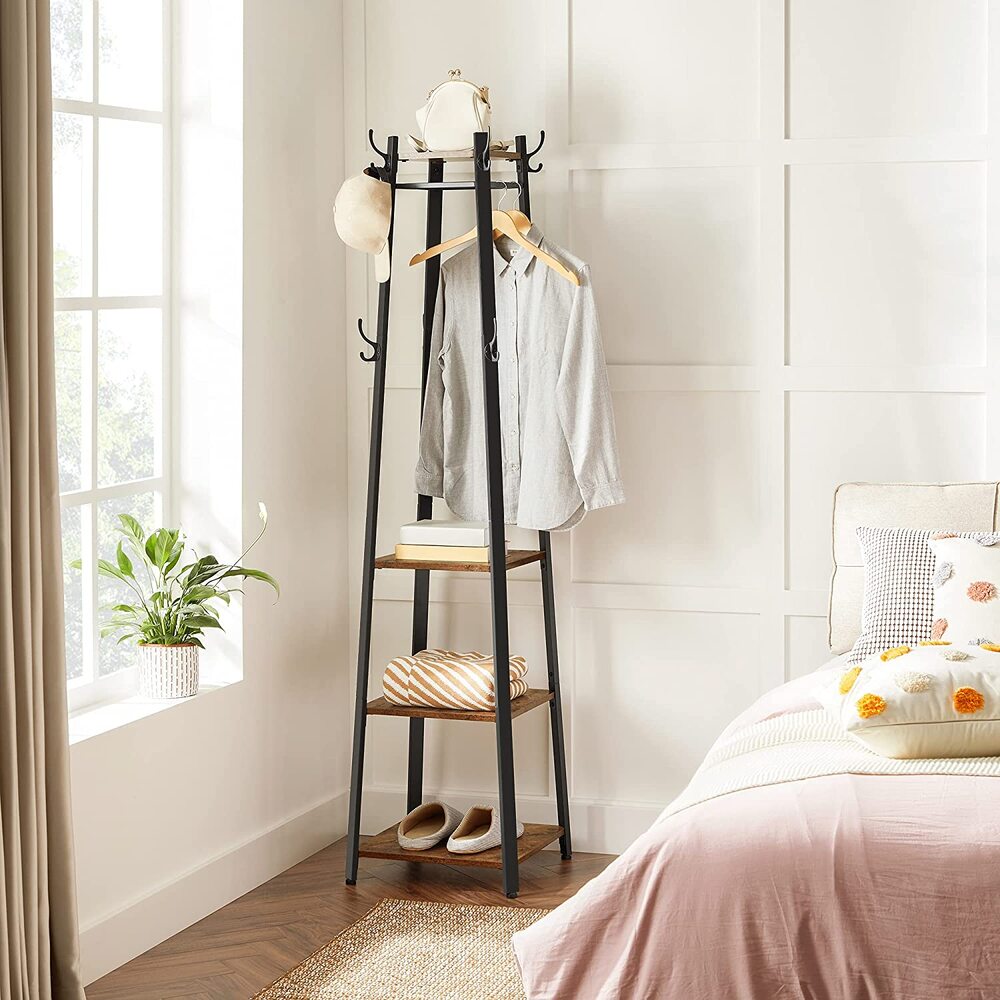 Coat Rack Stand with 3 Shelves Rustic Brown and Black LCR80X