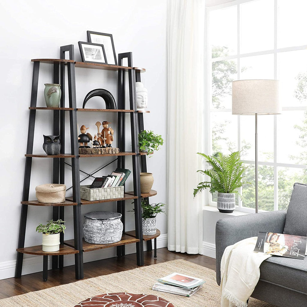Corner Shelf 5 Tier Industrial Ladder Bookcase Storage Rack with Metal Frame Rustic Brown LLS35X