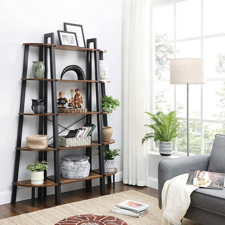 Corner Shelf 5 Tier Industrial Ladder Bookcase Storage Rack with Metal Frame Rustic Brown LLS35X