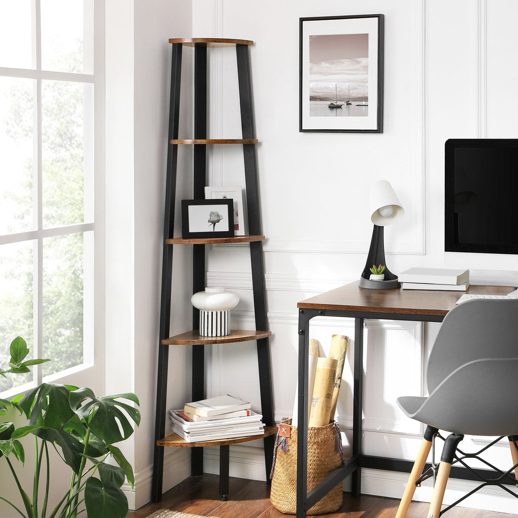 Corner Shelf 5 Tier Industrial Ladder Bookcase Storage Rack with Metal Frame Rustic Brown LLS35X