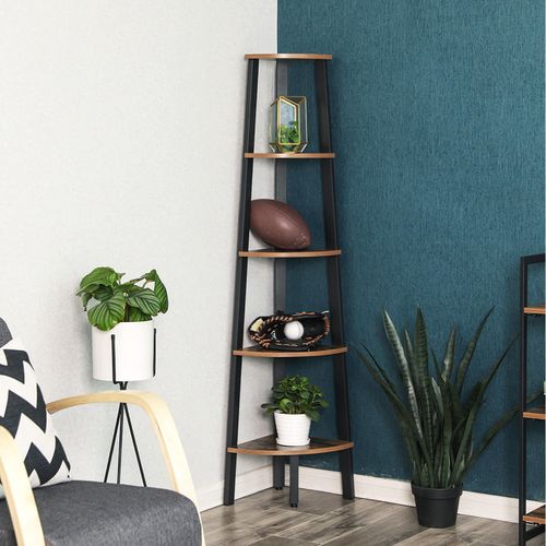 Corner Shelf 5 Tier Industrial Ladder Bookcase Storage Rack with Metal Frame Rustic Brown LLS35X