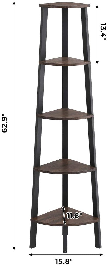 Corner Shelf 5 Tier Industrial Ladder Bookcase Storage Rack with Metal Frame Rustic Brown LLS35X