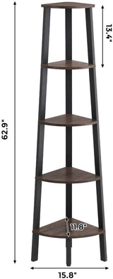 Corner Shelf 5 Tier Industrial Ladder Bookcase Storage Rack with Metal Frame Rustic Brown LLS35X