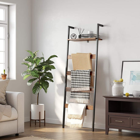 Blanket Ladder Wall-Leaning Rack with Storage Shelf Rustic Brown and Black LLS012B01