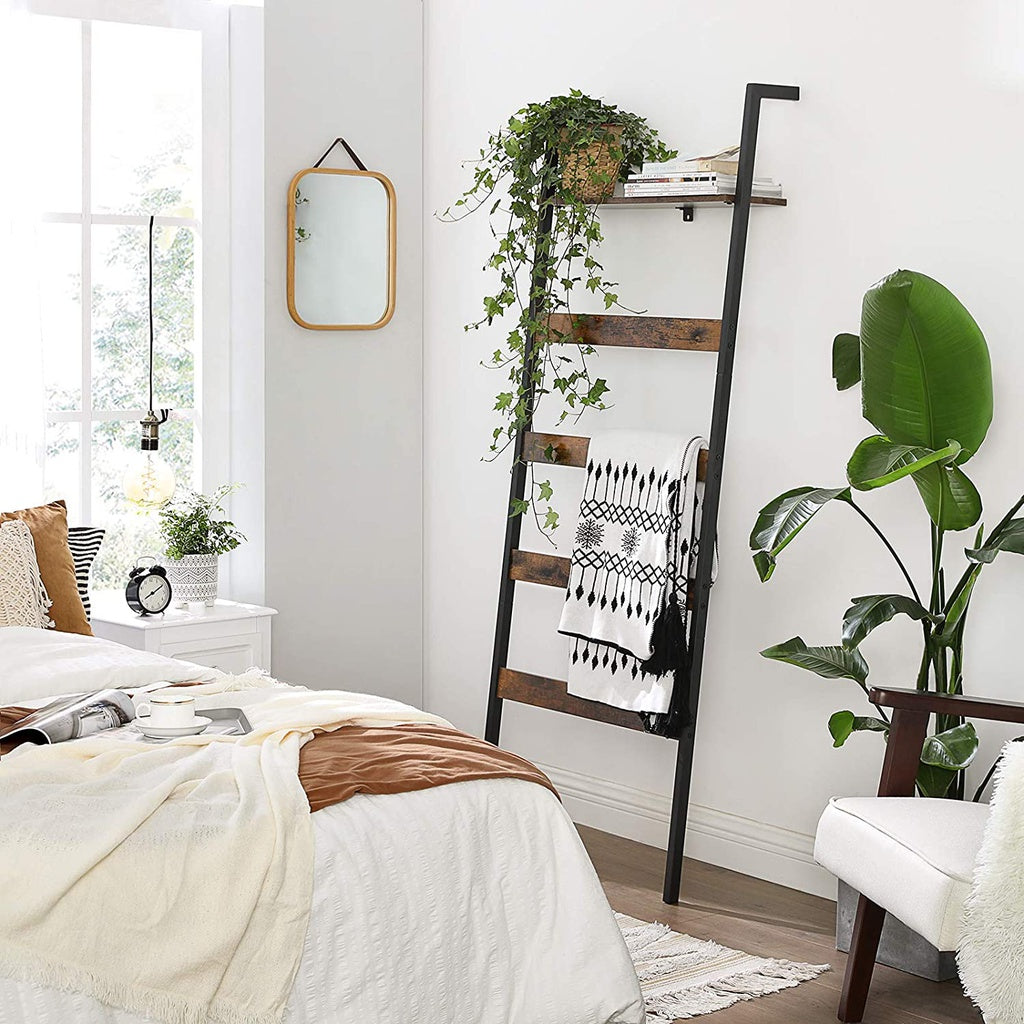 Blanket Ladder Wall-Leaning Rack with Storage Shelf Rustic Brown and Black LLS012B01