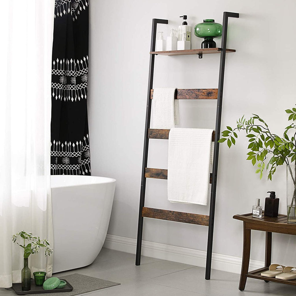 Blanket Ladder Wall-Leaning Rack with Storage Shelf Rustic Brown and Black LLS012B01