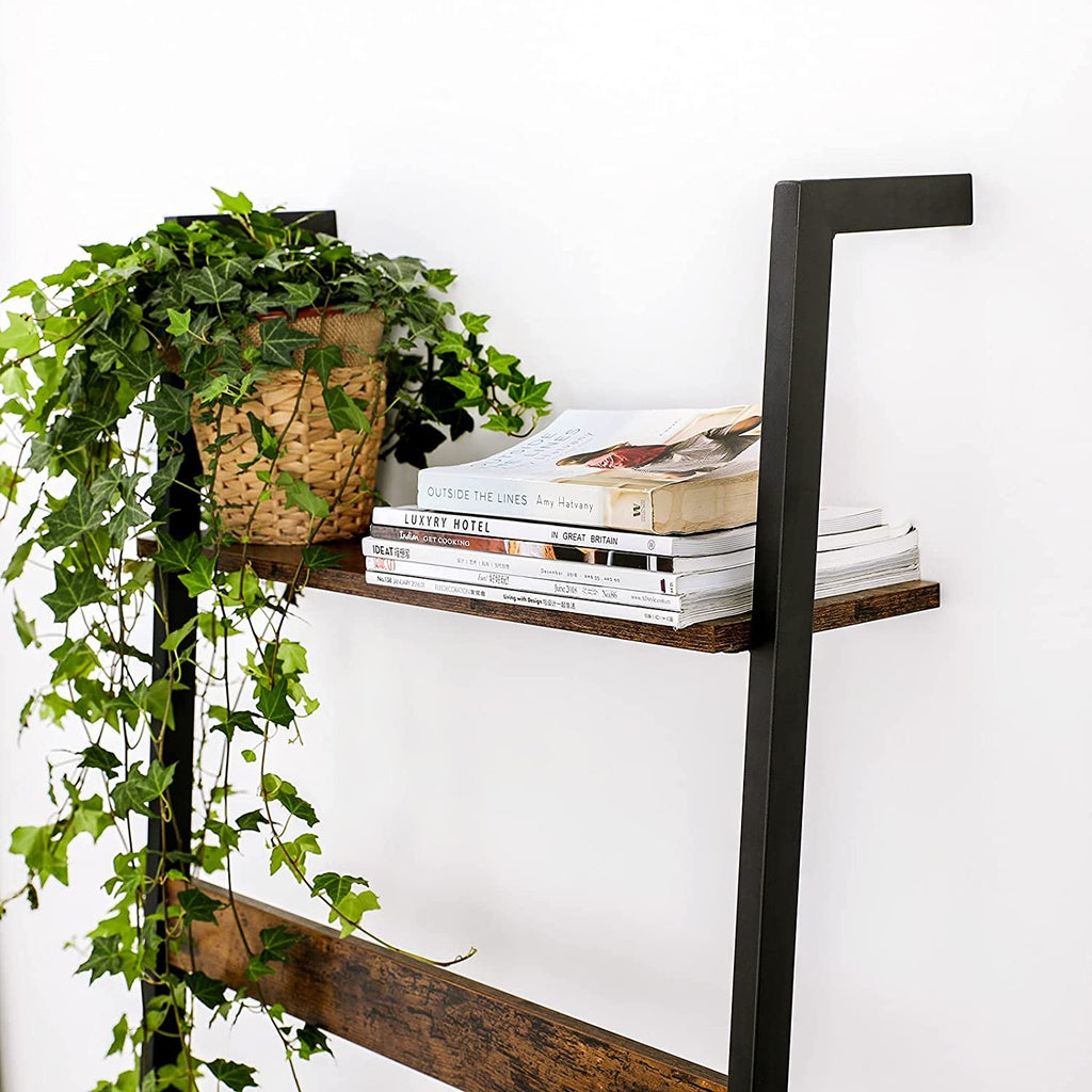 Blanket Ladder Wall-Leaning Rack with Storage Shelf Rustic Brown and Black LLS012B01