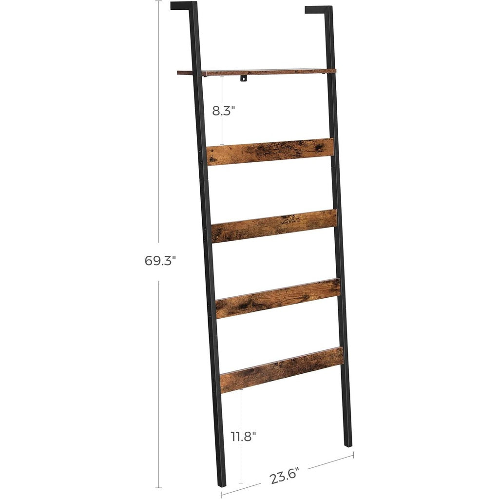 Blanket Ladder Wall-Leaning Rack with Storage Shelf Rustic Brown and Black LLS012B01