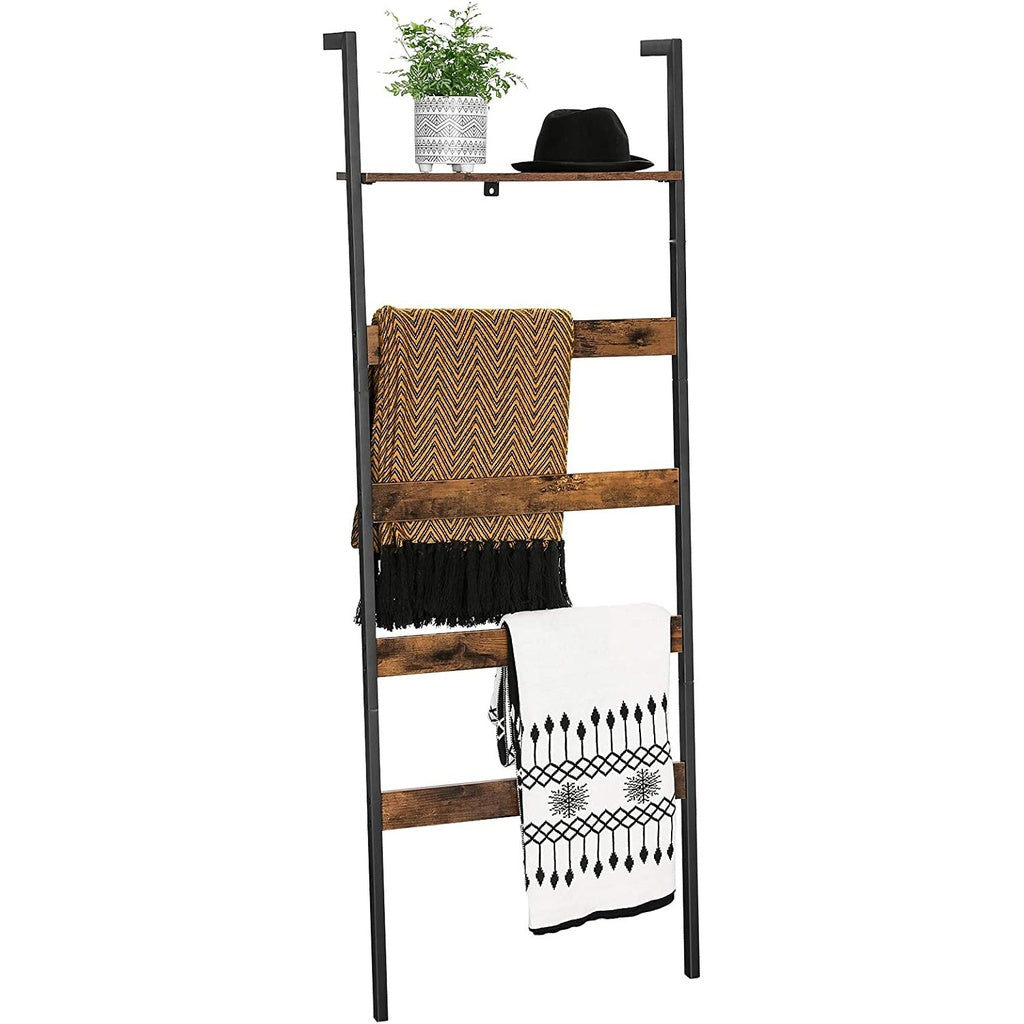 Blanket Ladder Wall-Leaning Rack with Storage Shelf Rustic Brown and Black LLS012B01