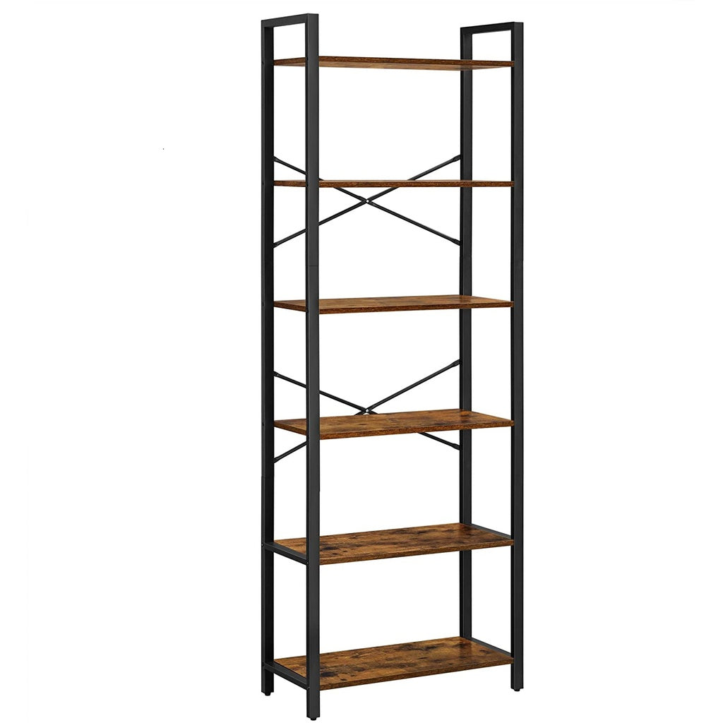6-Tier Bookcase Storage Shelf Steel Frame for Living Room Study Office Hallway Industrial Design Vintage Brown Black LLS062B01