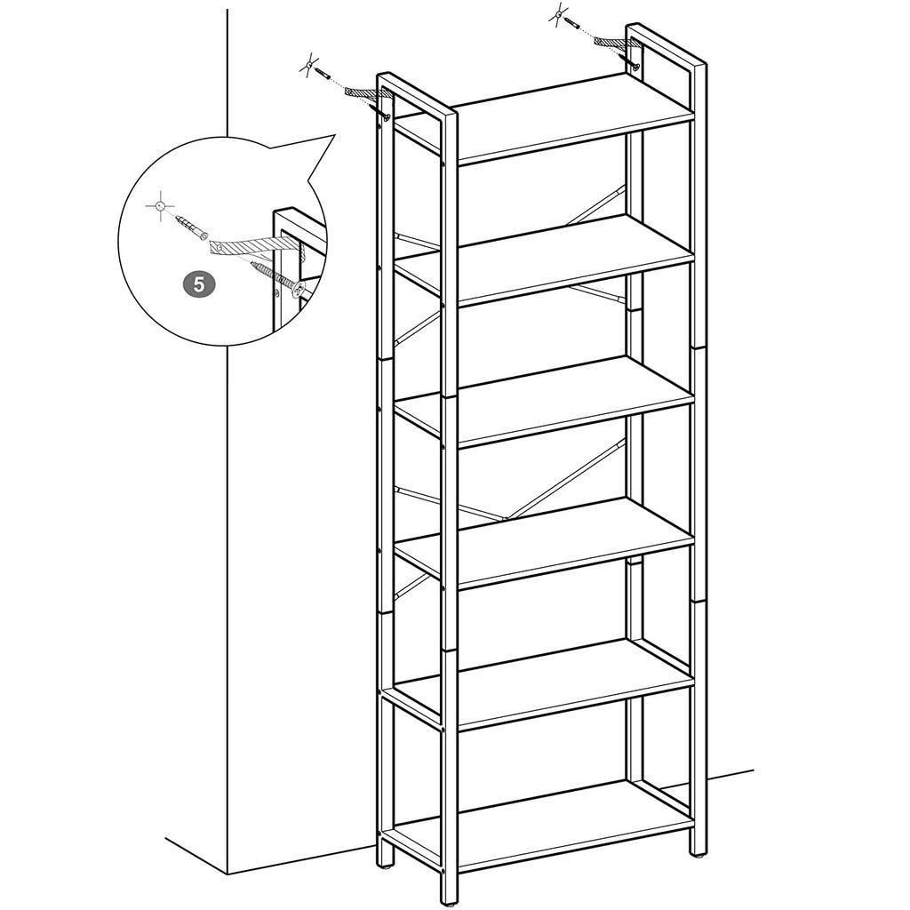 6-Tier Bookcase Storage Shelf Steel Frame for Living Room Study Office Hallway Industrial Design Vintage Brown Black LLS062B01