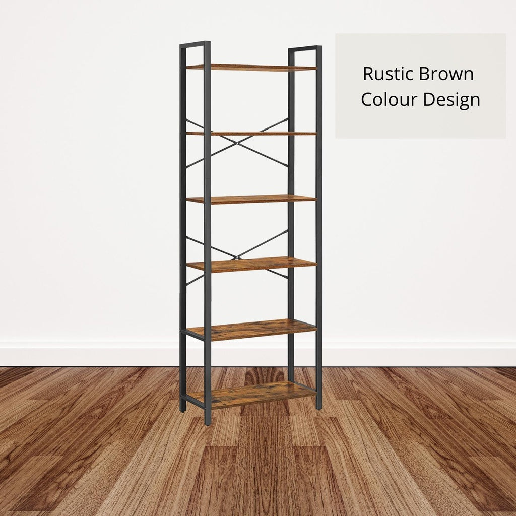 6-Tier Bookcase Storage Shelf Steel Frame for Living Room Study Office Hallway Industrial Design Vintage Brown Black LLS062B01