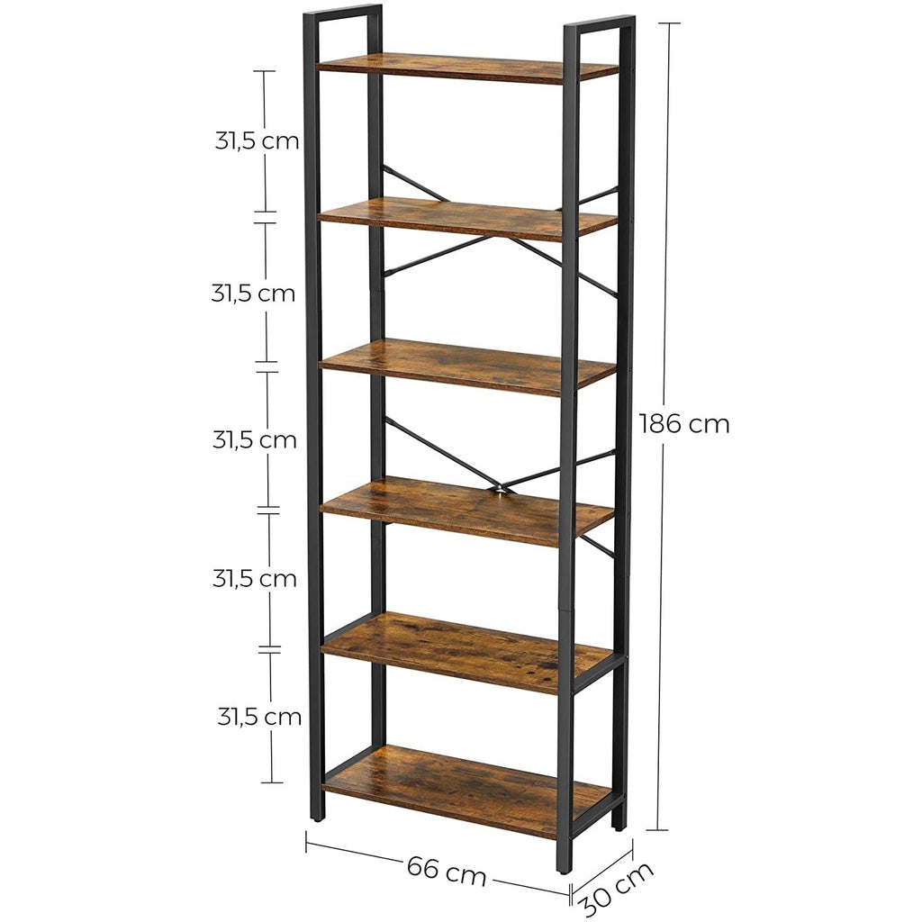6-Tier Bookcase Storage Shelf Steel Frame for Living Room Study Office Hallway Industrial Design Vintage Brown Black LLS062B01