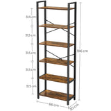6-Tier Bookcase Storage Shelf Steel Frame for Living Room Study Office Hallway Industrial Design Vintage Brown Black LLS062B01