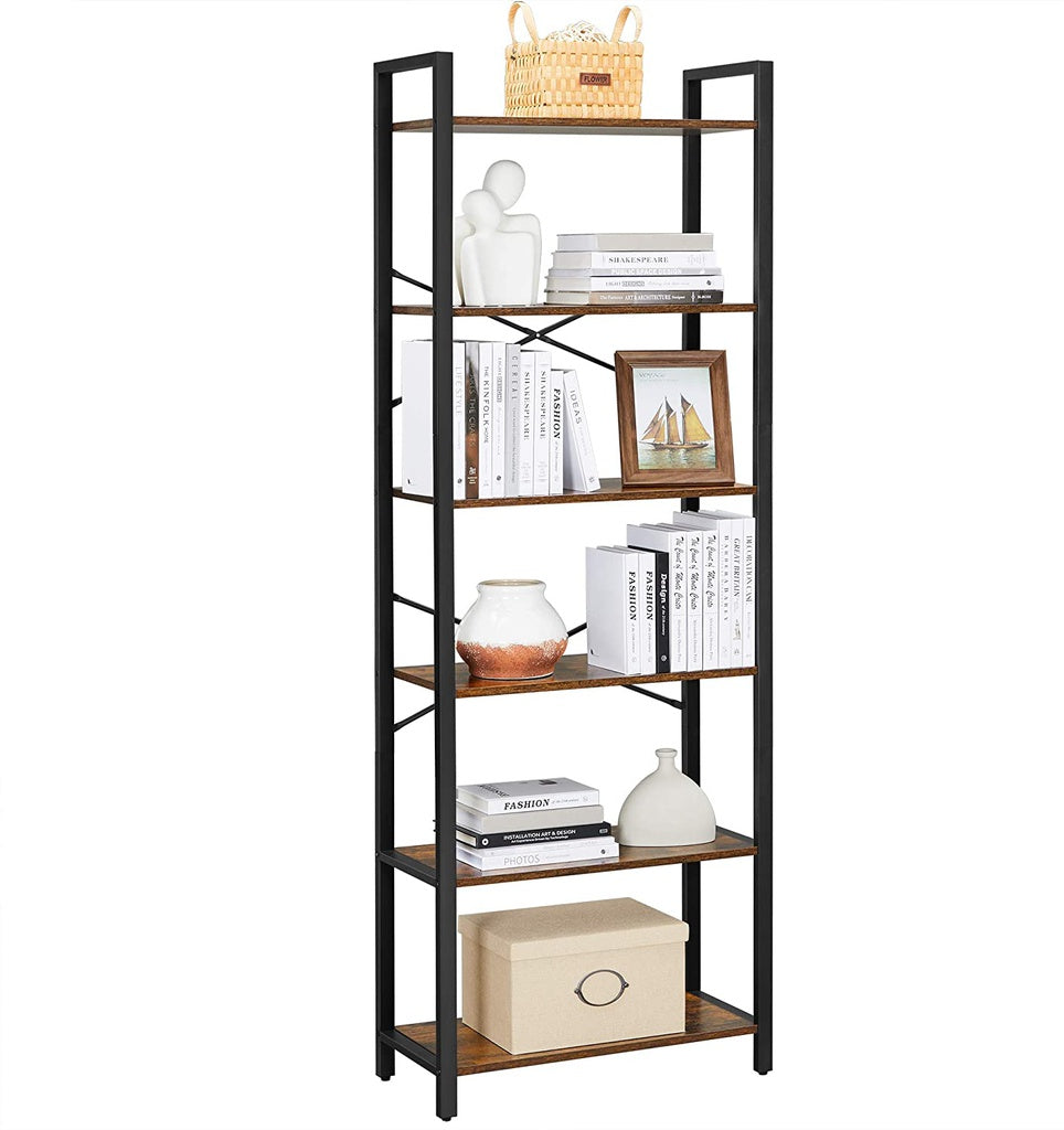 6-Tier Bookcase Storage Shelf Steel Frame for Living Room Study Office Hallway Industrial Design Vintage Brown Black LLS062B01