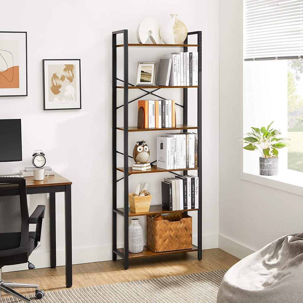6-Tier Bookcase Storage Shelf Steel Frame for Living Room Study Office Hallway Industrial Design Vintage Brown Black LLS062B01
