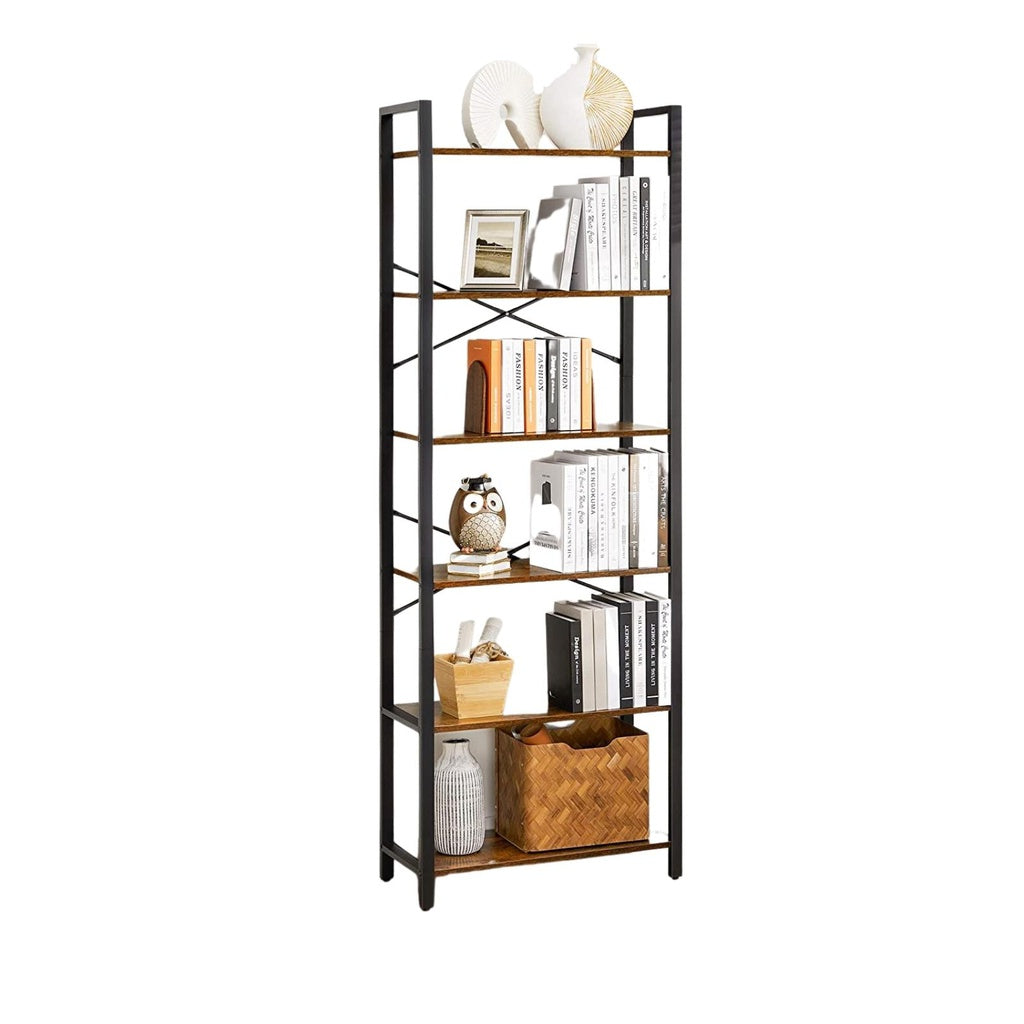 6-Tier Bookcase Storage Shelf Steel Frame for Living Room Study Office Hallway Industrial Design Vintage Brown Black LLS062B01