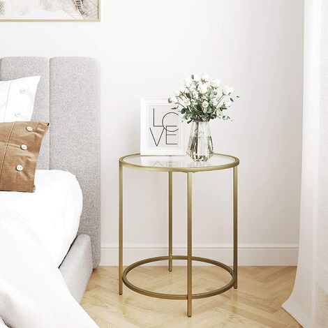 Round Side Table Tempered Glass End Table With Golden Metal Frame Small Coffee Table Gold LGT20G