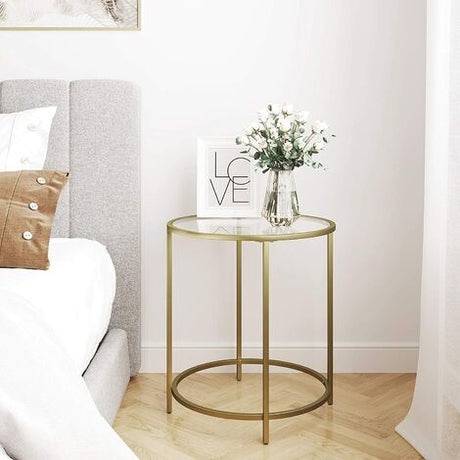 Round Side Table Tempered Glass End Table With Golden Metal Frame Small Coffee Table Gold LGT20G