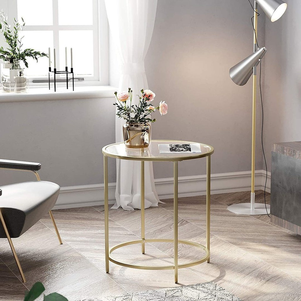 Round Side Table Tempered Glass End Table With Golden Metal Frame Small Coffee Table Gold LGT20G