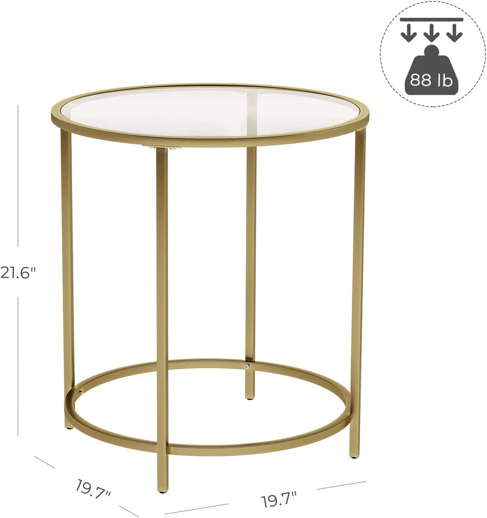 Round Side Table Tempered Glass End Table With Golden Metal Frame Small Coffee Table Gold LGT20G