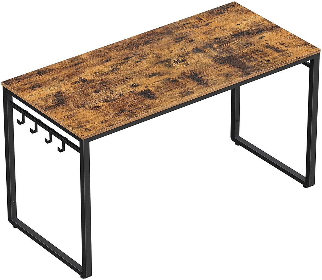 Computer Desk Writing Desk with 8 Hooks Rustic Brown and Black LWD58X