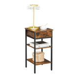 Nightstand End Table with a Drawer and 2 Storage Shelves Industrial Rustic Brown and Black