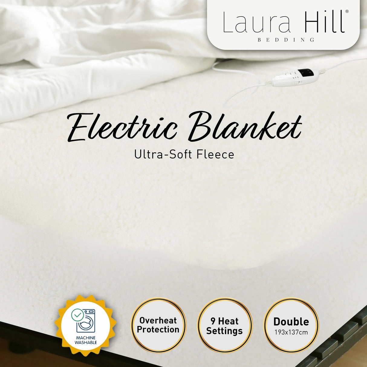 Heated Electric Blanket Double Size Fitted Fleece Underlay Winter Throw - White