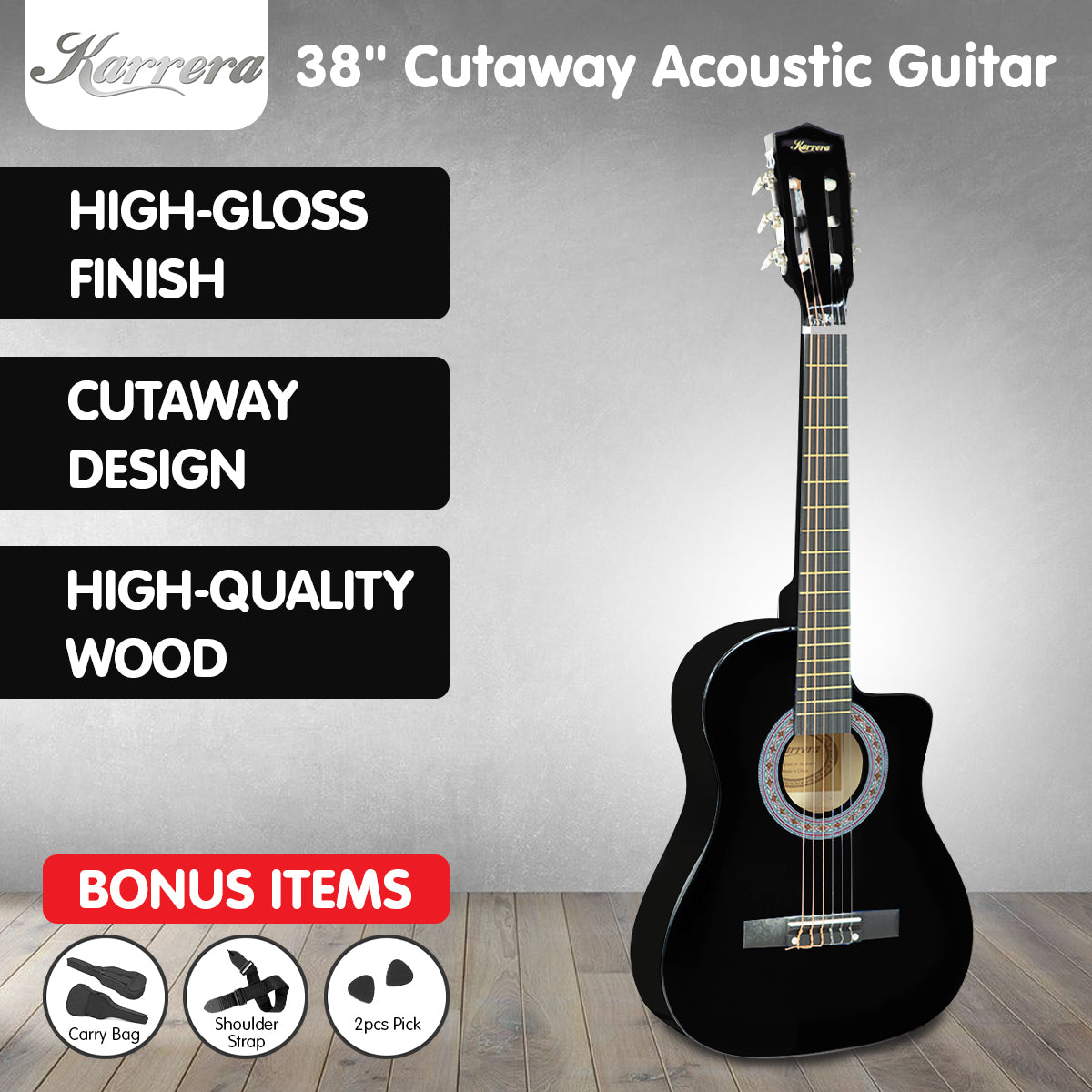 38in Cutaway Acoustic Guitar with guitar bag - Black