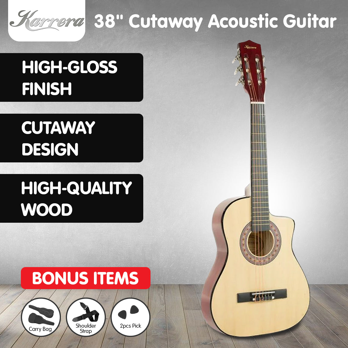 38in Cutaway Acoustic Guitar with guitar bag - Natural