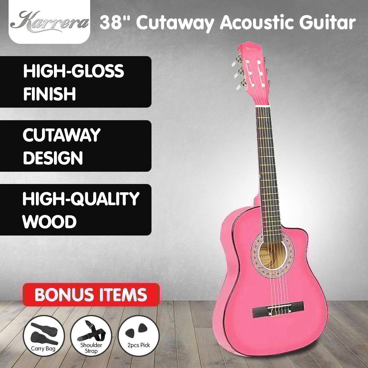 38in Cutaway Acoustic Guitar with guitar bag - Pink