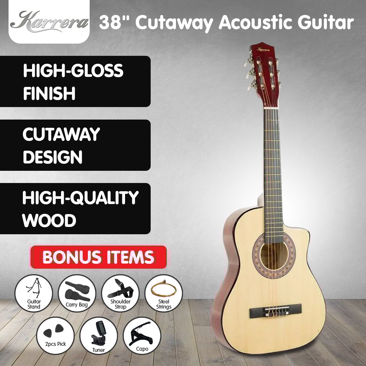 38in Pro Cutaway Acoustic Guitar with guitar bag - Natural