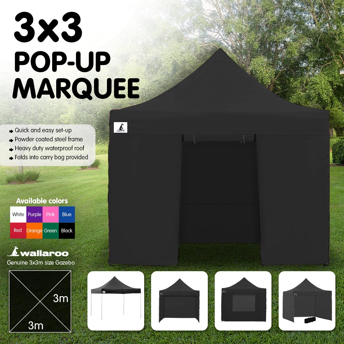 Gazebo Tent Marquee 3x3 PopUp Outdoor Black