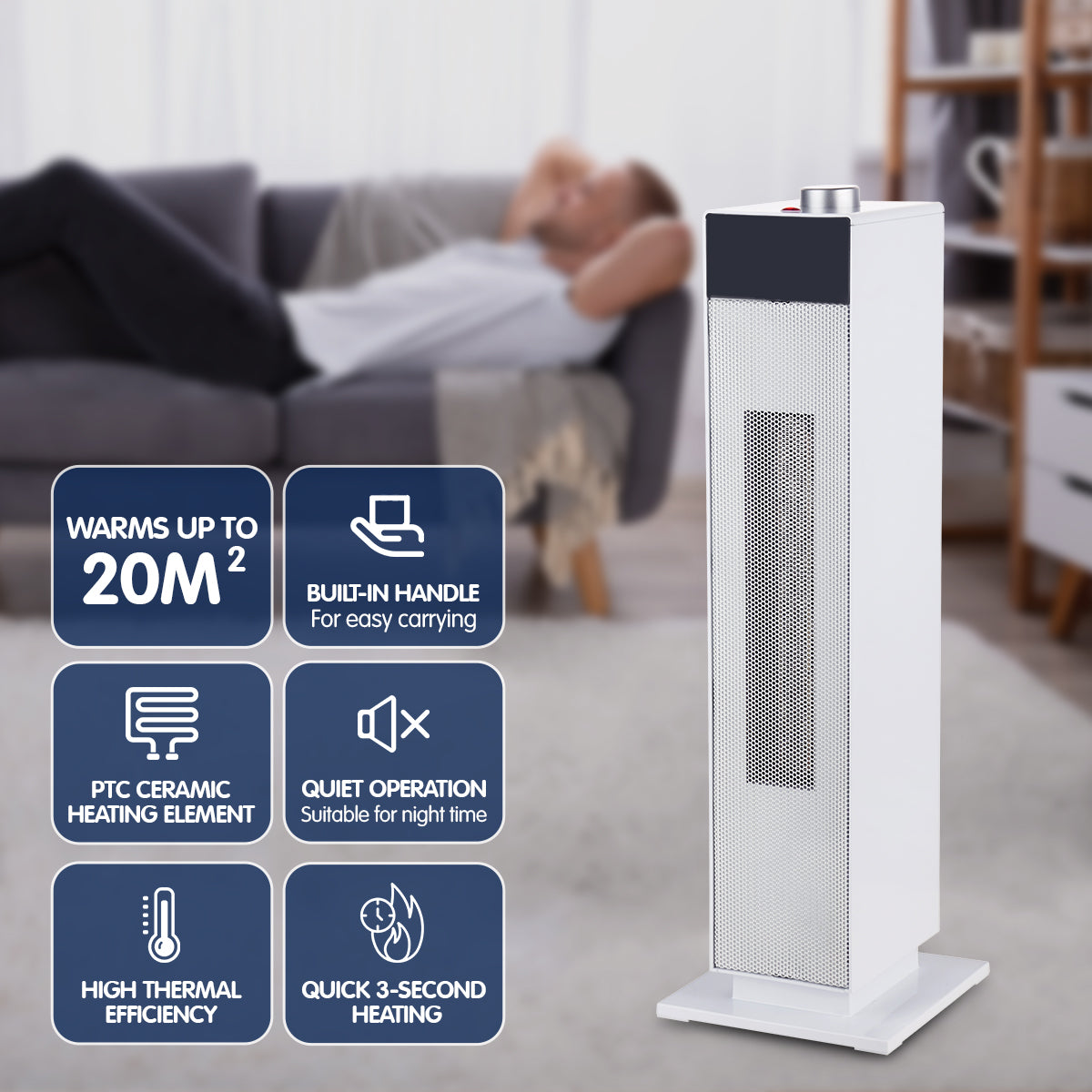 Electric Tower Heater PTC Ceramic 2000W White
