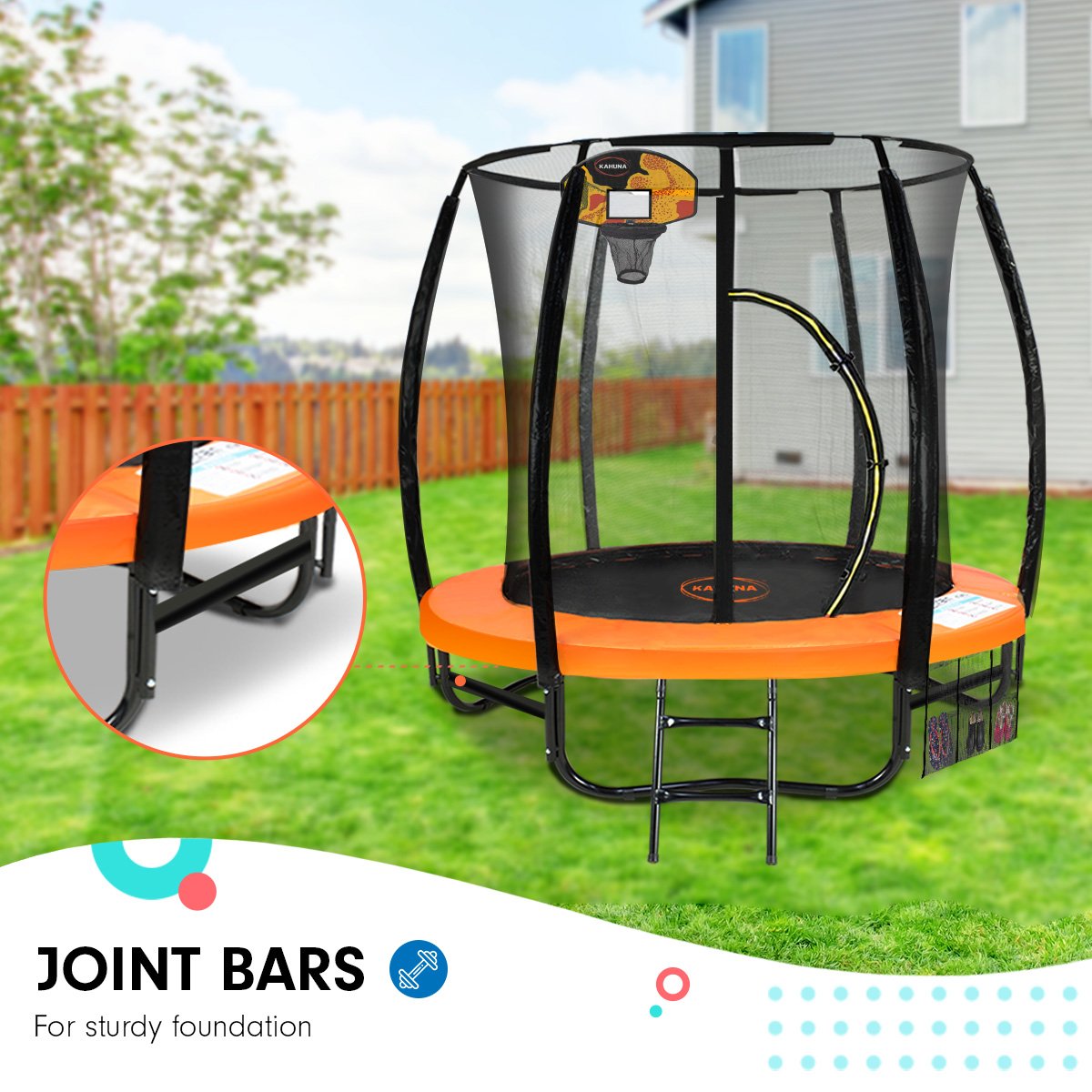 Classic 6ft Outdoor Round Orange Trampoline Safety Enclosure And Basketball Hoop Set