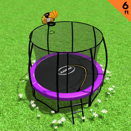 Classic 6ft Trampoline Free Ladder Spring Mat Net Safety Pad Cover Round Enclosure Basketball Set - Purple