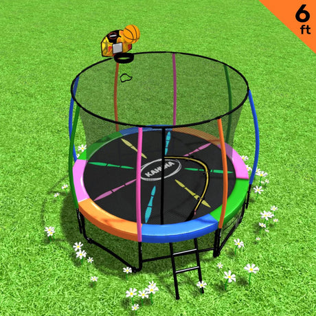 Classic 6ft Trampoline Free Ladder Spring Mat Net Safety Pad Cover Round Enclosure Basketball Set - Rainbow