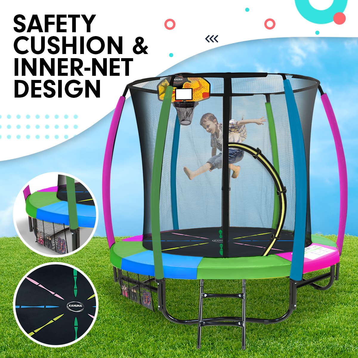 Classic 6ft Trampoline Free Ladder Spring Mat Net Safety Pad Cover Round Enclosure Basketball Set - Rainbow