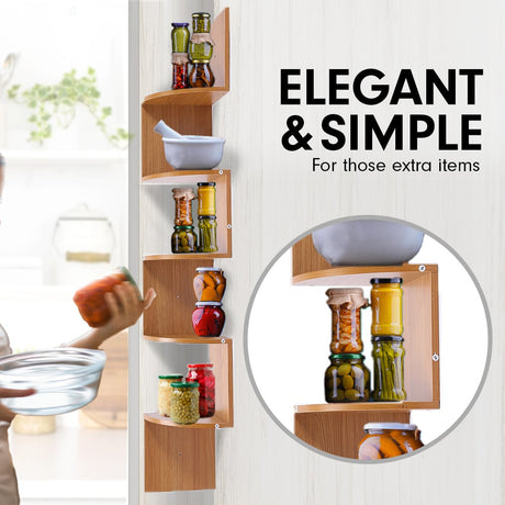 5 Tier Corner Wall Shelf Display Shelves Dvd Book Storag Rack Floating Mounted - Beech