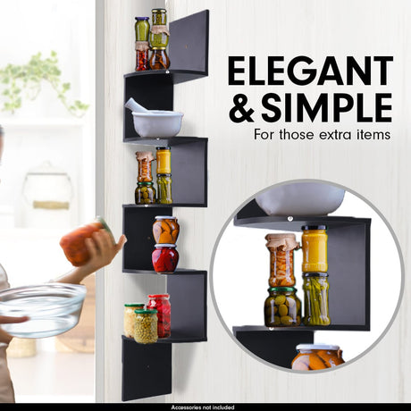 5 Tier Corner Wall Shelf Display Shelves Dvd Book Storage Rack Floating Mounted - Black