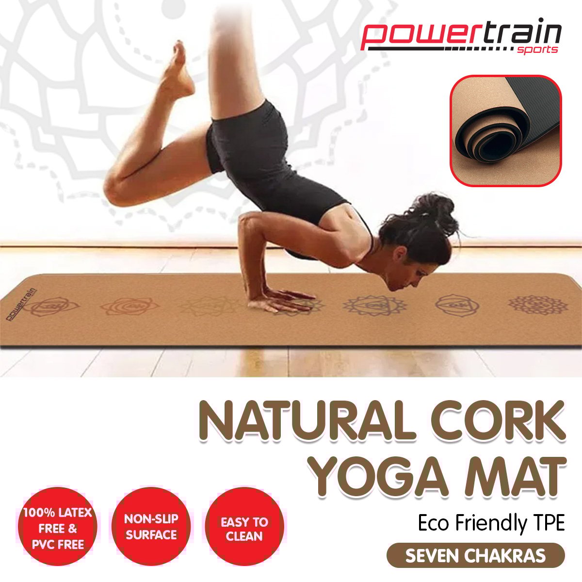 Cork Yoga Mat with Carry Straps Home Gym Pilates - Chakras
