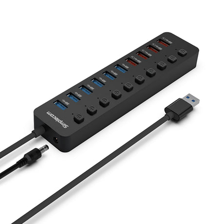 CHU810 48W 10-Port USB 3.0 Hub and Charger with Individual Switches 12V/4A Power Adapter BC1.2 Fast Charging