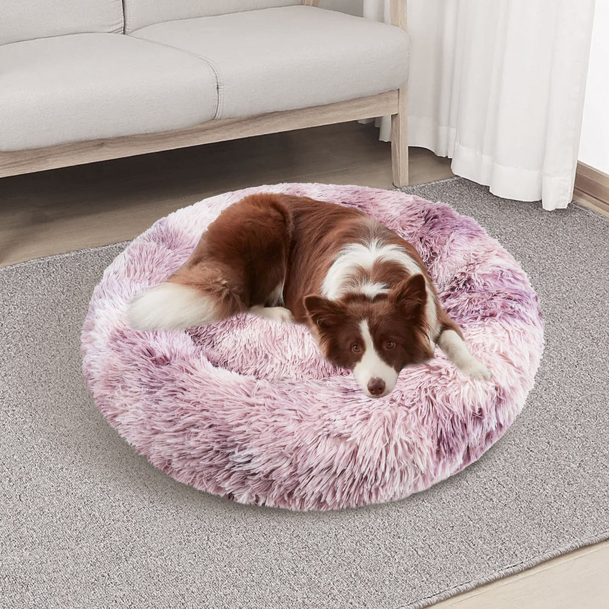 Dog Cat Pet Calming Bed Warm Soft Plush Round Nest Comfy Sleeping Cave MEL 120cm
