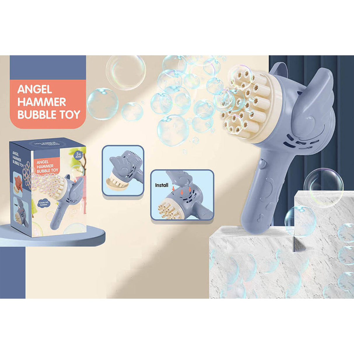 23-Hole Angel Bubble Hammer Gatling Bubble Machine Children's Electric Toy Blue
