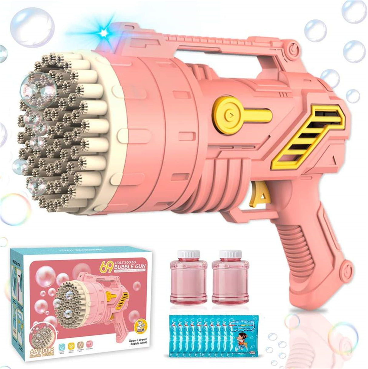 69-Hole Bubble Gun Hand-Held Automatic Bubble Machine Luminous Kids Toy Pink